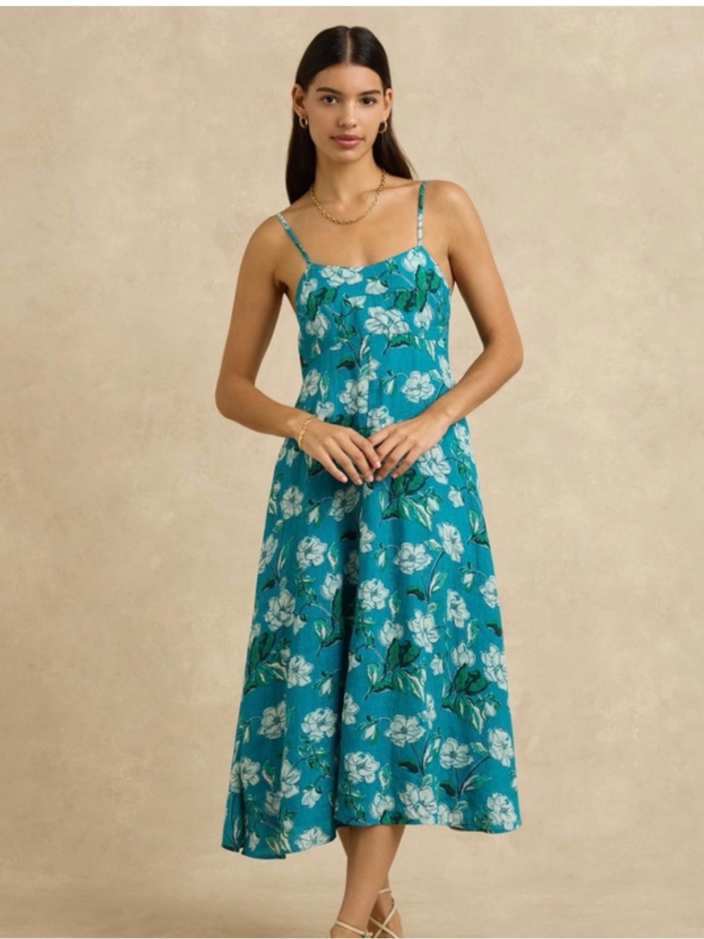 Hannah Teeva Teal Floral Spaghetti-Strap Midi Dress